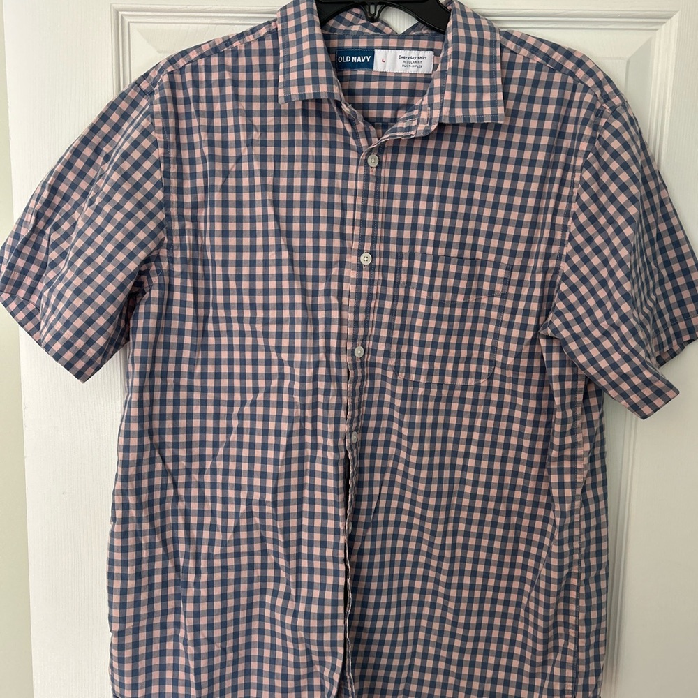 Old Navy Men's Blue and Pink Checkered Shirt